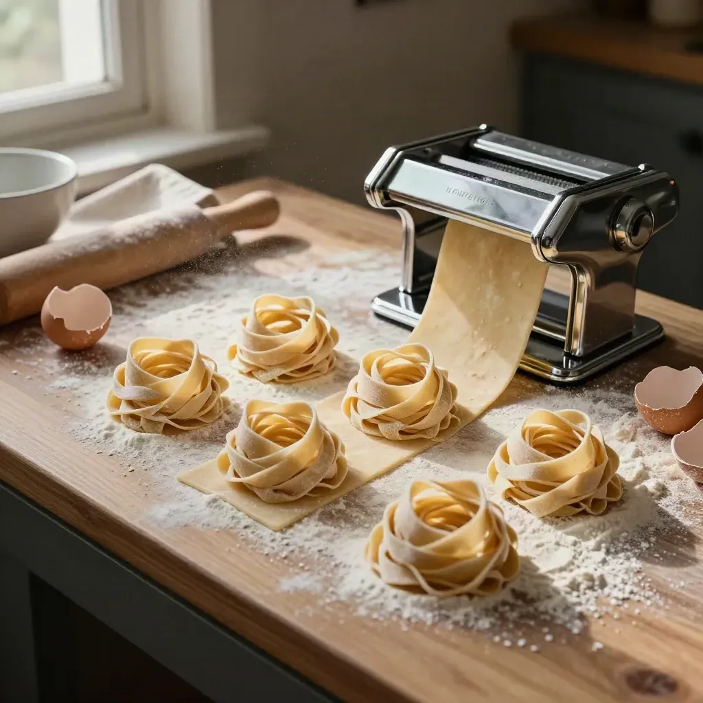 Nidi di tagliatelle fresche con sfoglia, uova e macchina per la pasta in una cucina rustica.