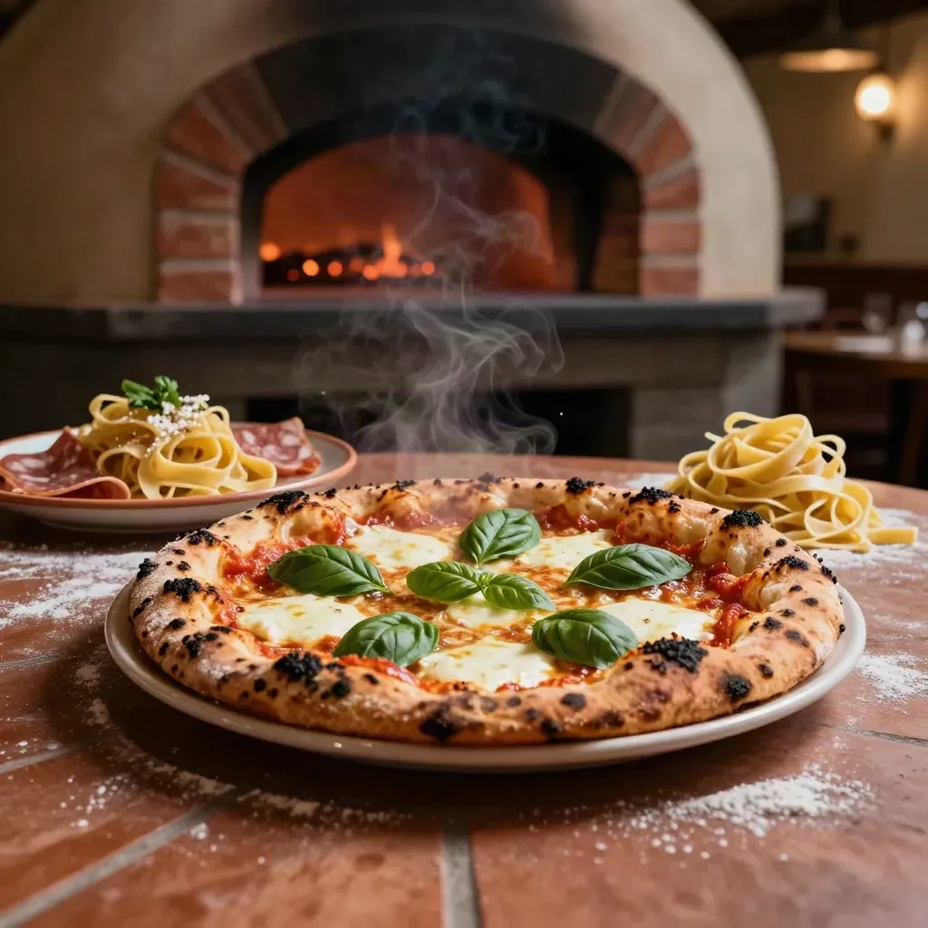Forno a legna, pizza margherita, tagliatelle e antipasti in una sala calda e fumosa