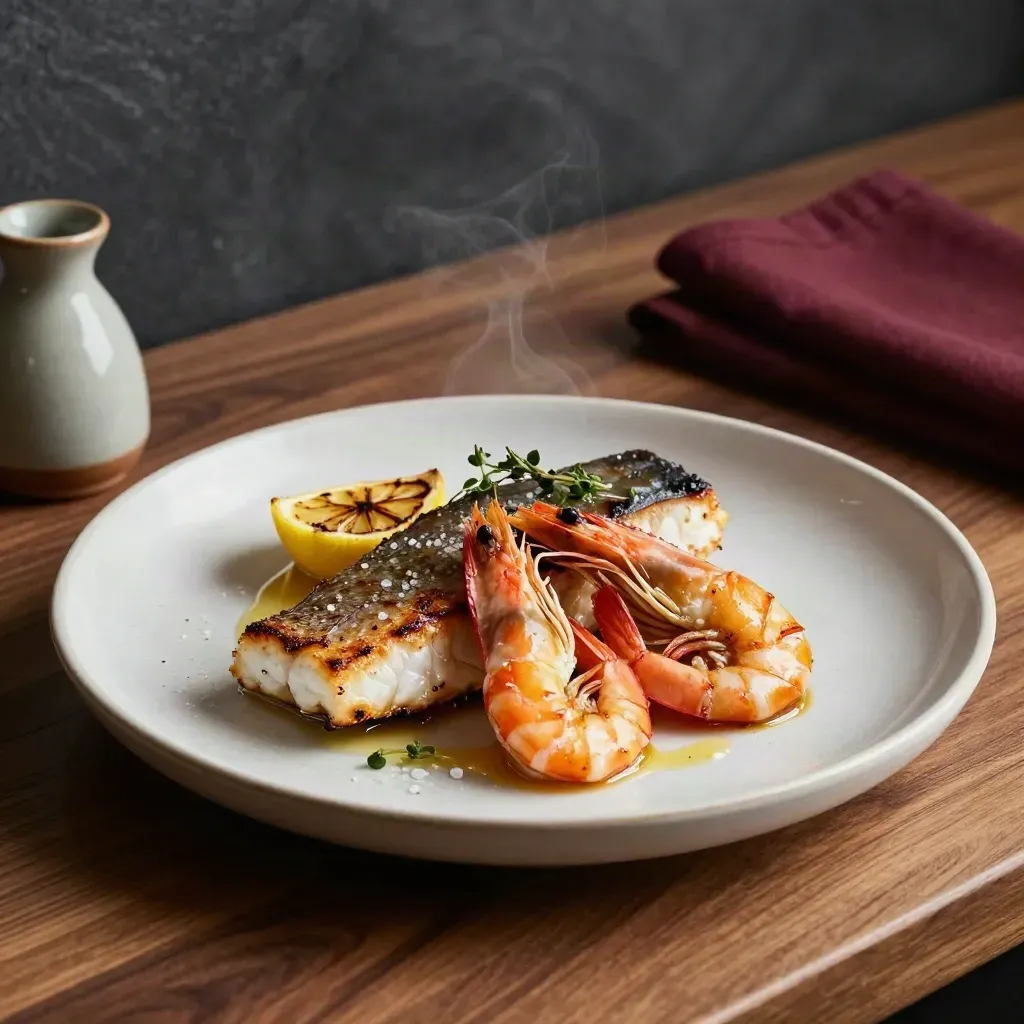 Piatto di mare con pesce scottato, gamberi e agrumi su ceramica chiara