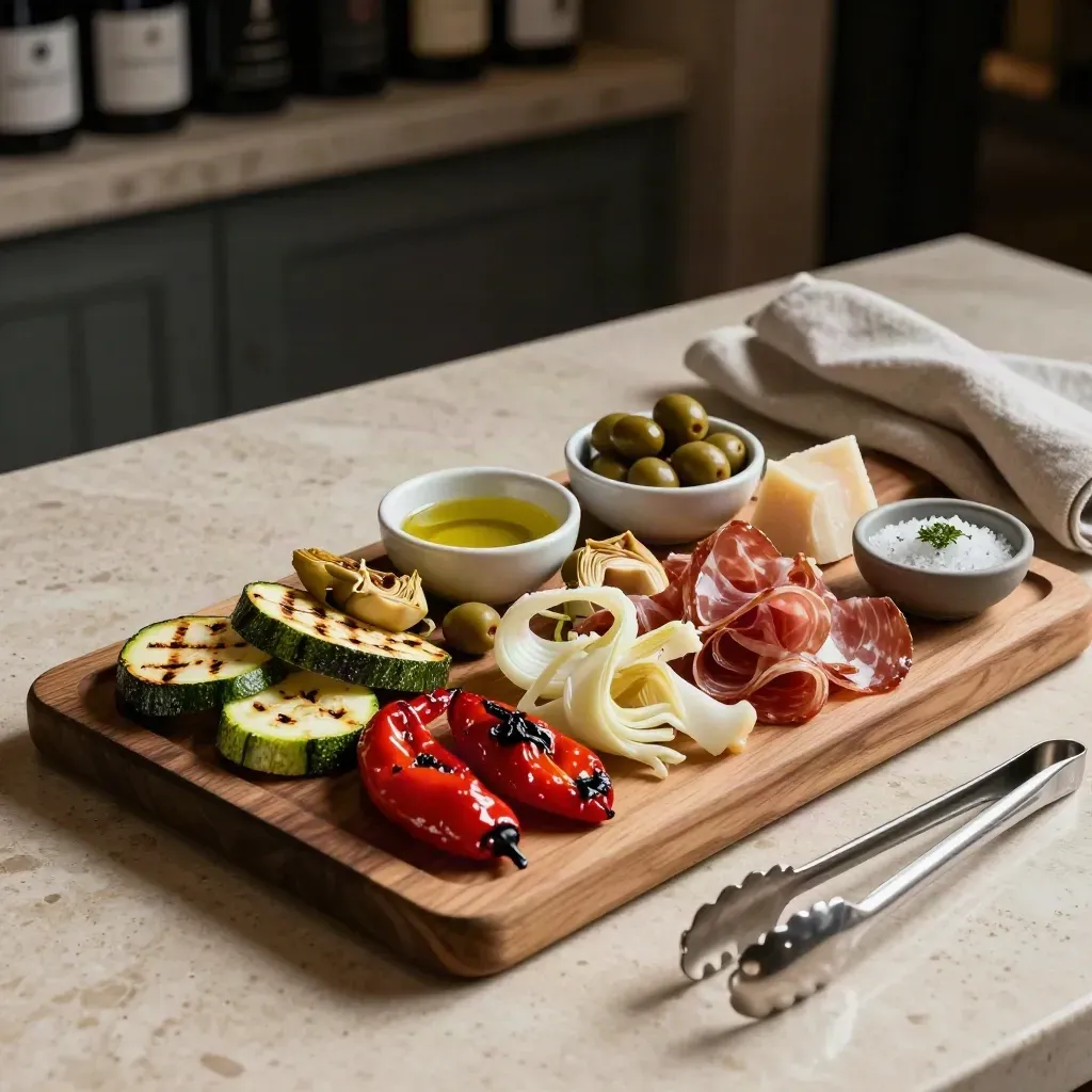 Tagliere di antipasti stagionali con verdure grigliate, salumi, formaggi e ciotoline di condimenti.
