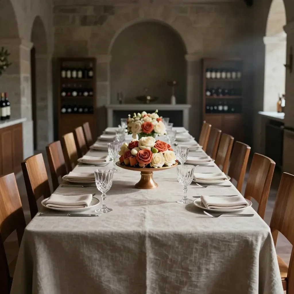 Sala privata elegante con tavola lunga apparecchiata per dodici e dolce centrale.