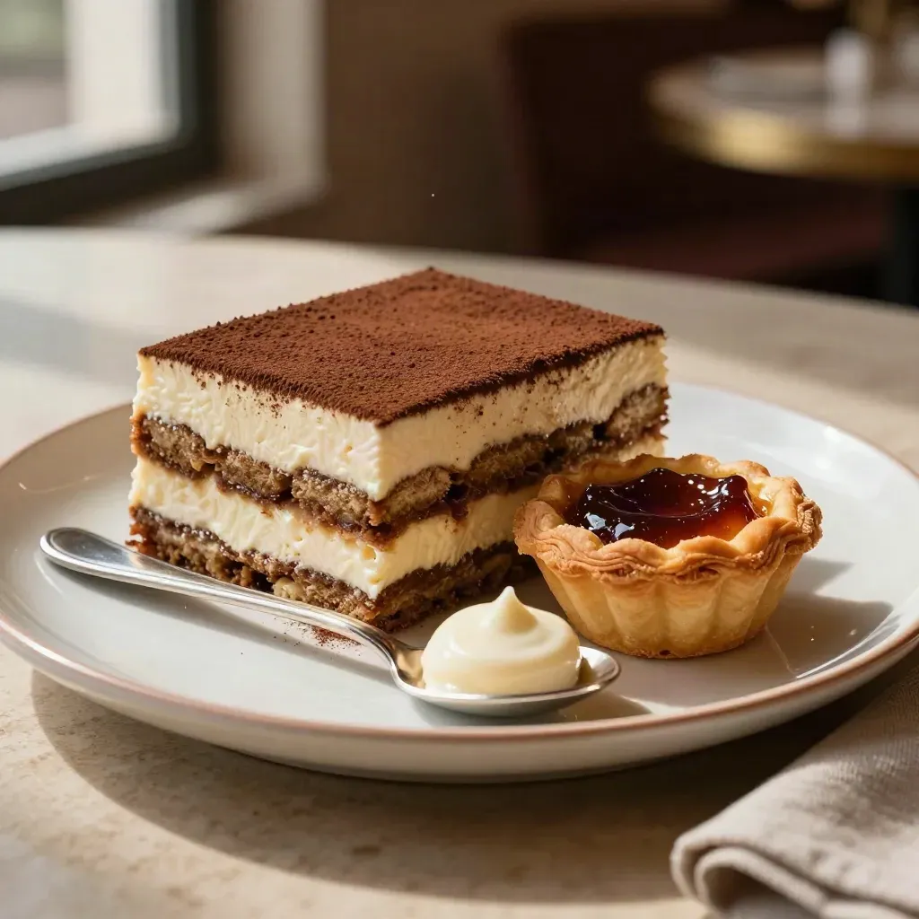 Dolci della casa con tiramisù, crostata e crema al cucchiaio su grande piatto.