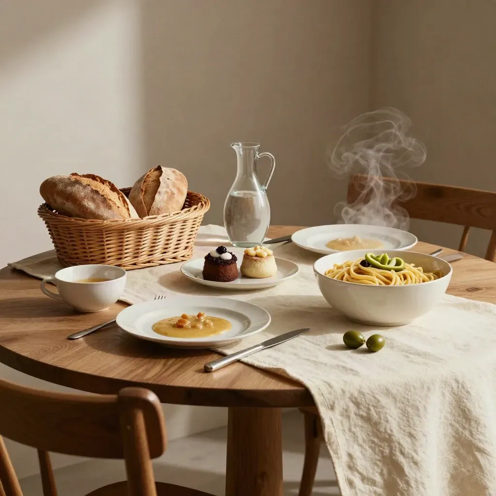 Tavola di famiglia con pasta fresca, pane, dolci e seggiolone in luce calda.