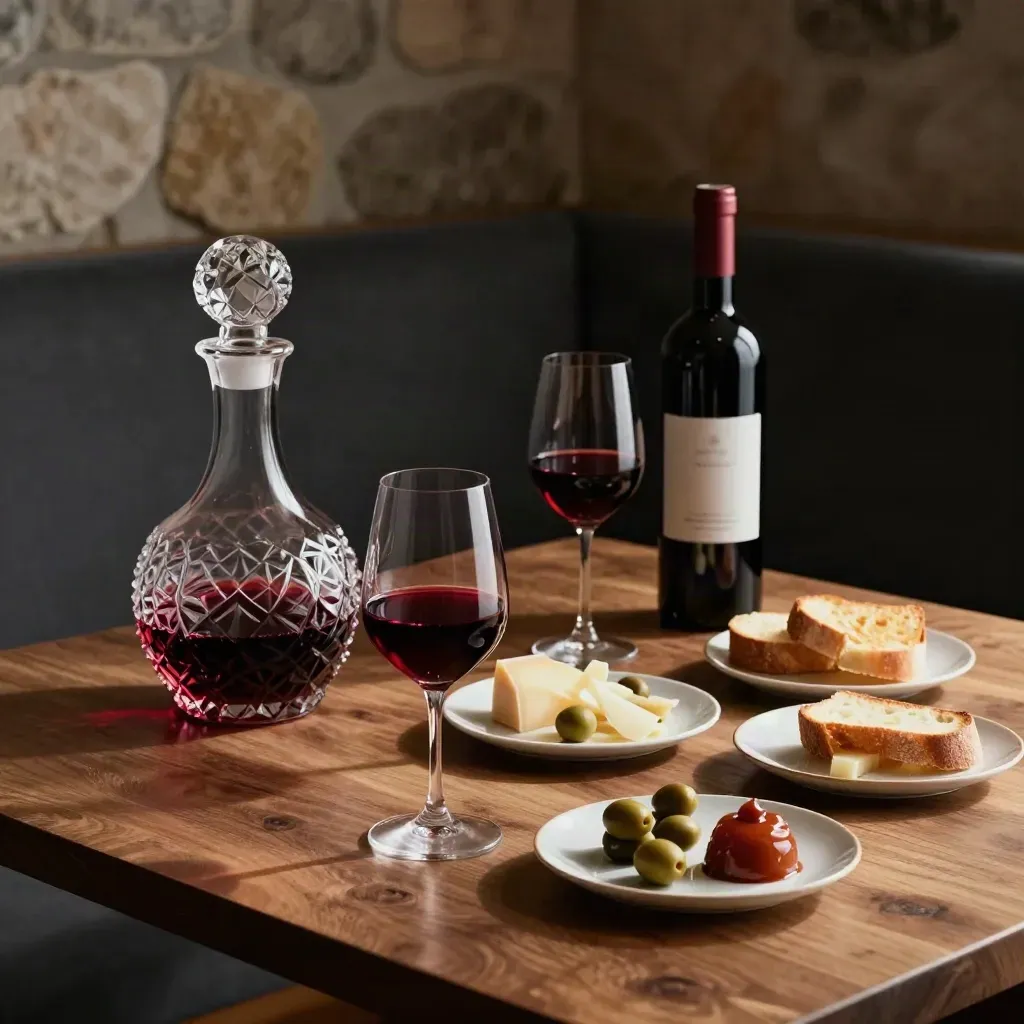 Vini in abbinamento con decanter, calici e bottiglia su tavolo rustico in luce cinematica.
