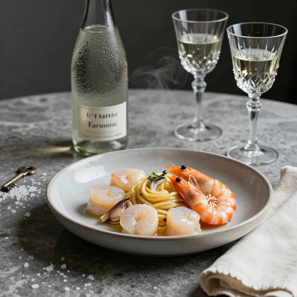 Crudi e primi di mare con bottiglia aperta e calici su tavolo di pietra, luce drammatica.