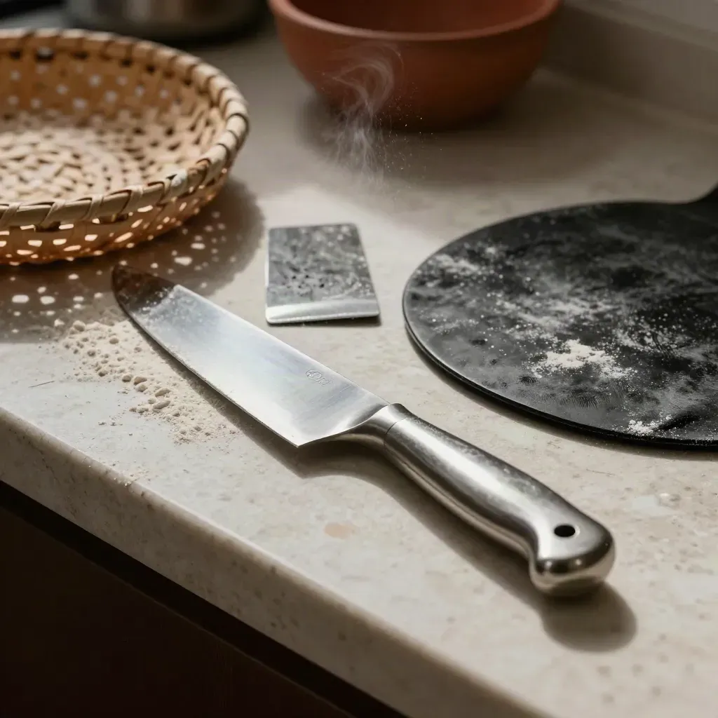 Set da chef con coltello, raschietto, cestino di lievitazione e pala impolverati di farina.