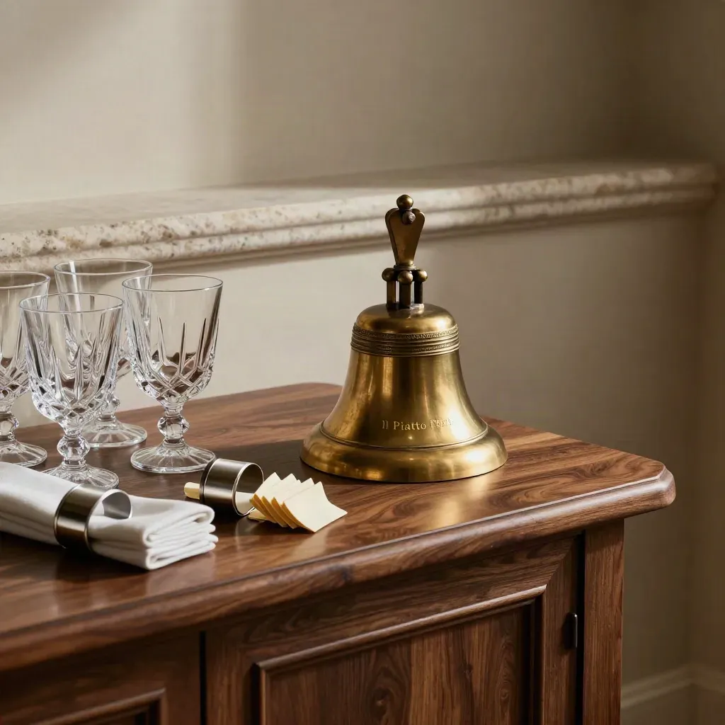 Campanello di sala, bicchieri e segnaposto su banco in legno, luce drammatica
