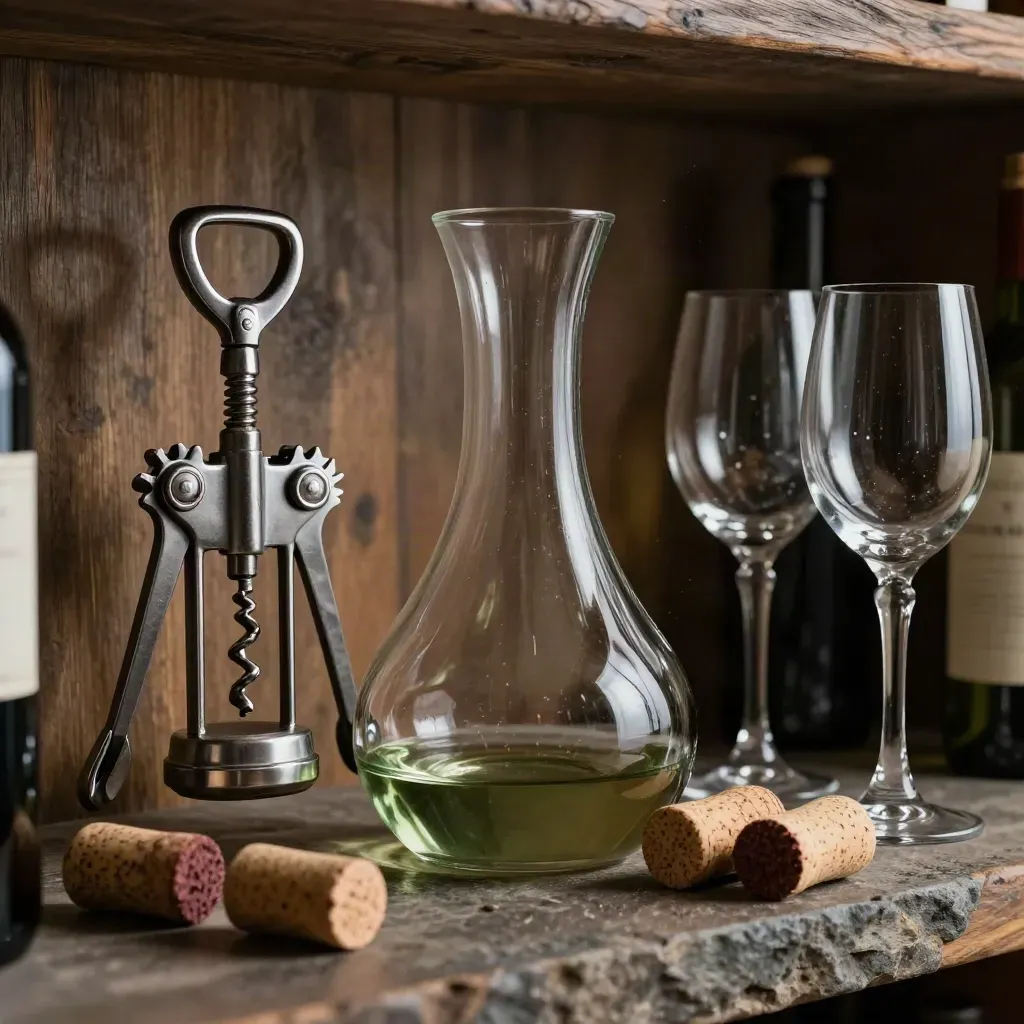 Strumenti del sommelier con decanter, calici e tappi su mensola di cantina