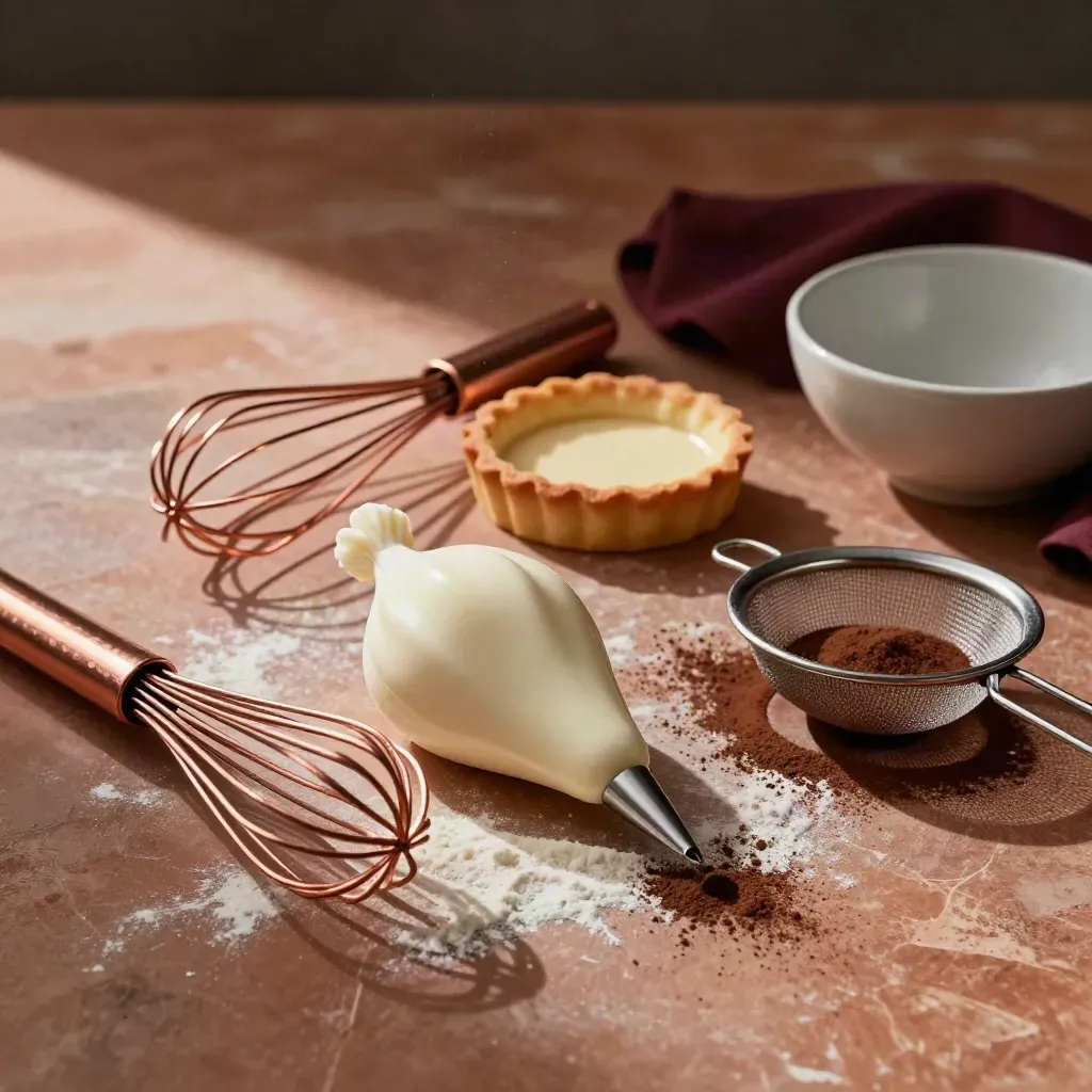 Strumenti da pasticceria su banco rustico con cacao e farina sospesa.