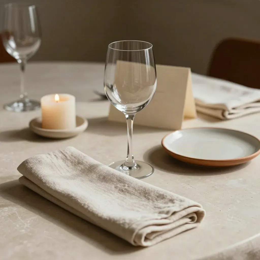 Tavolo apparecchiato con calice, tovagliolo, candela e piattino da pane, in luce laterale morbida.