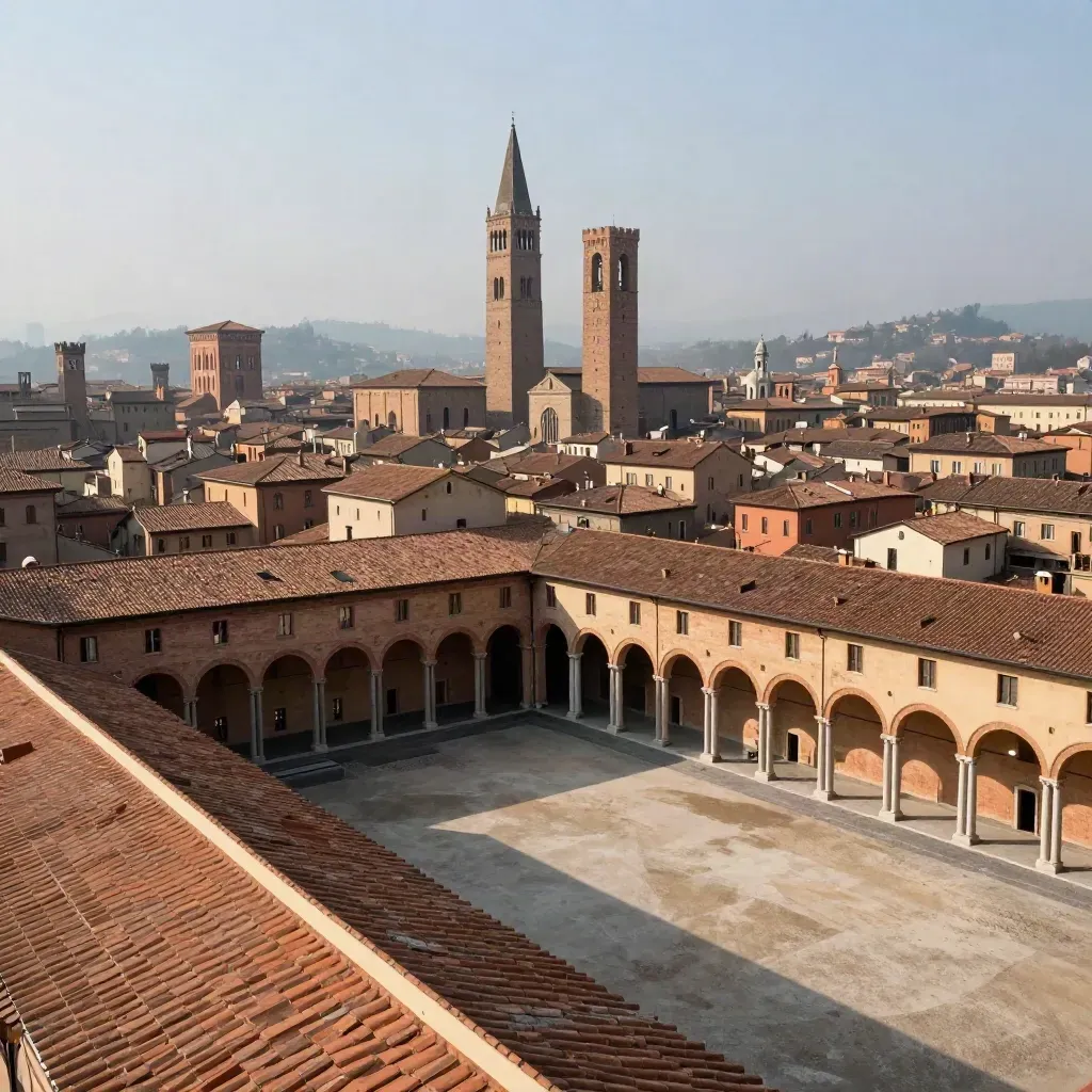 Bologna all’alba, tetti in cotto e Due Torri nella foschia morbida