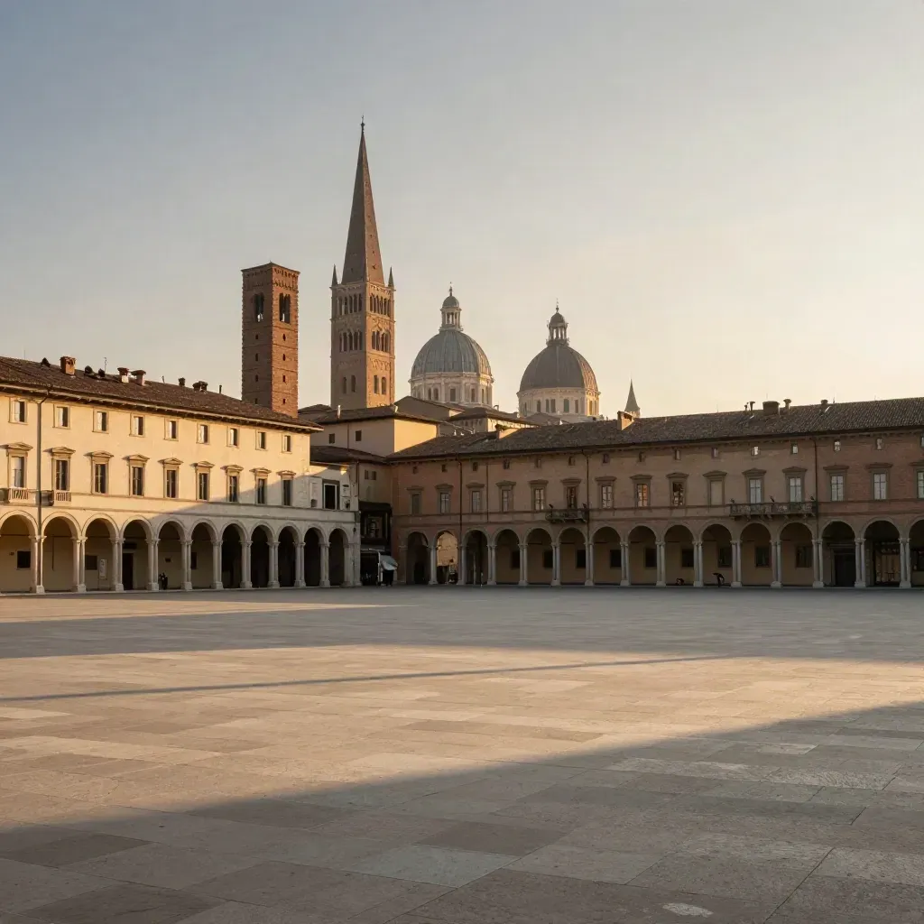 Duomo e Ghirlandina di Modena al tramonto sopra una piazza silenziosa
