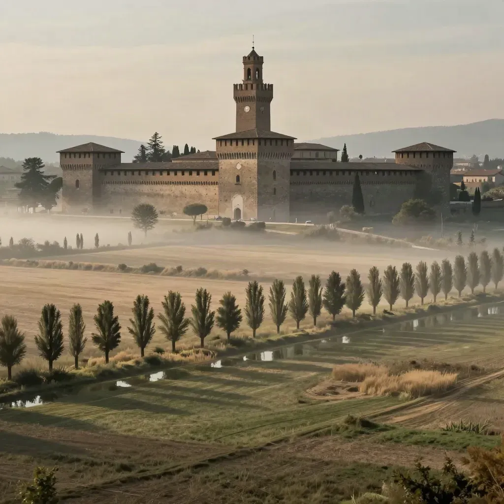 Castello Estense alto sulla pianura ferrarese tra campi, acqua ferma e foschia calda.